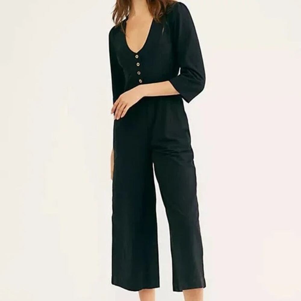 Free People Back Into It Jumpsuit Black Cotton Wide Leg Button Front Size XS